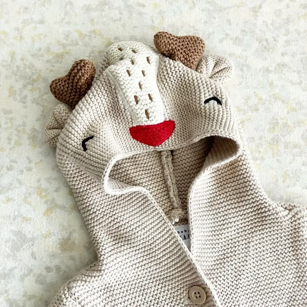 baby Gap Girls Size 3-6M Reindeer Hooded Cardigan Sweater Winter Xmas Rudolph